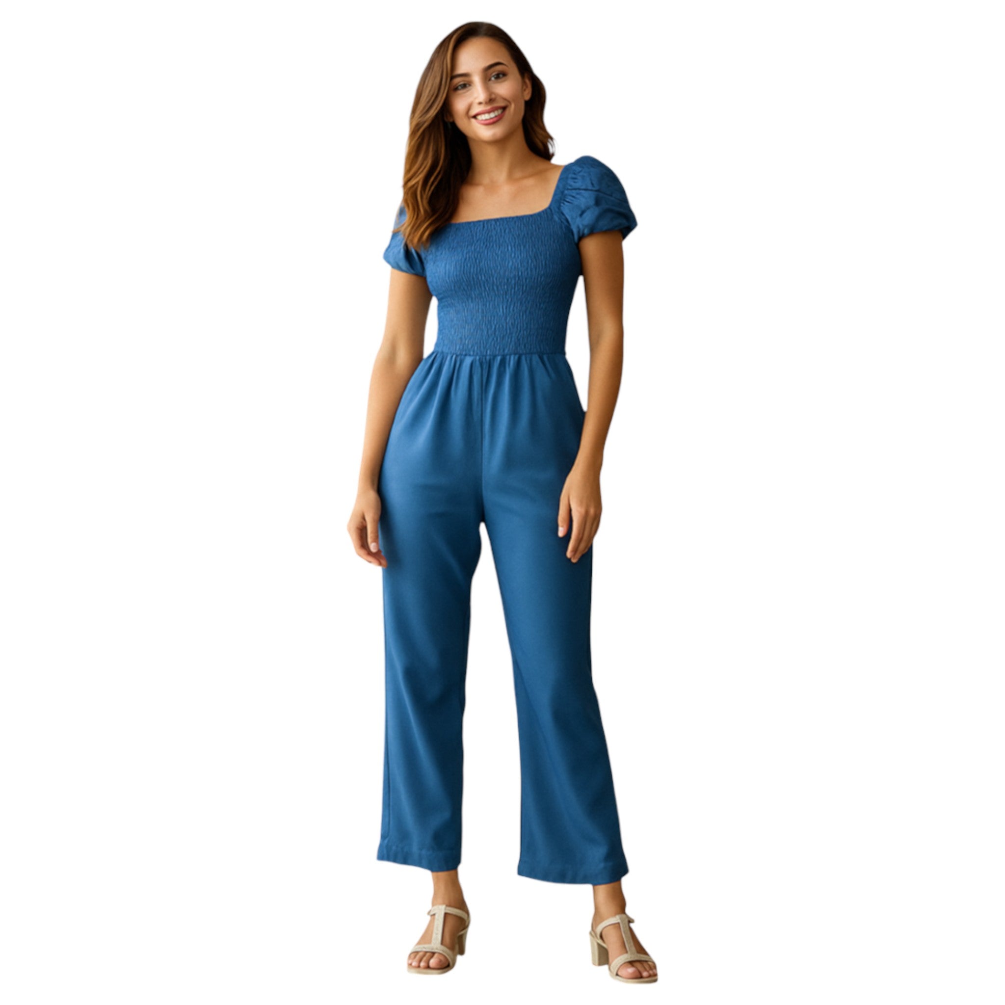 Denim blue women's shirred jumpsuit with puff sleeves and wide-leg cropped